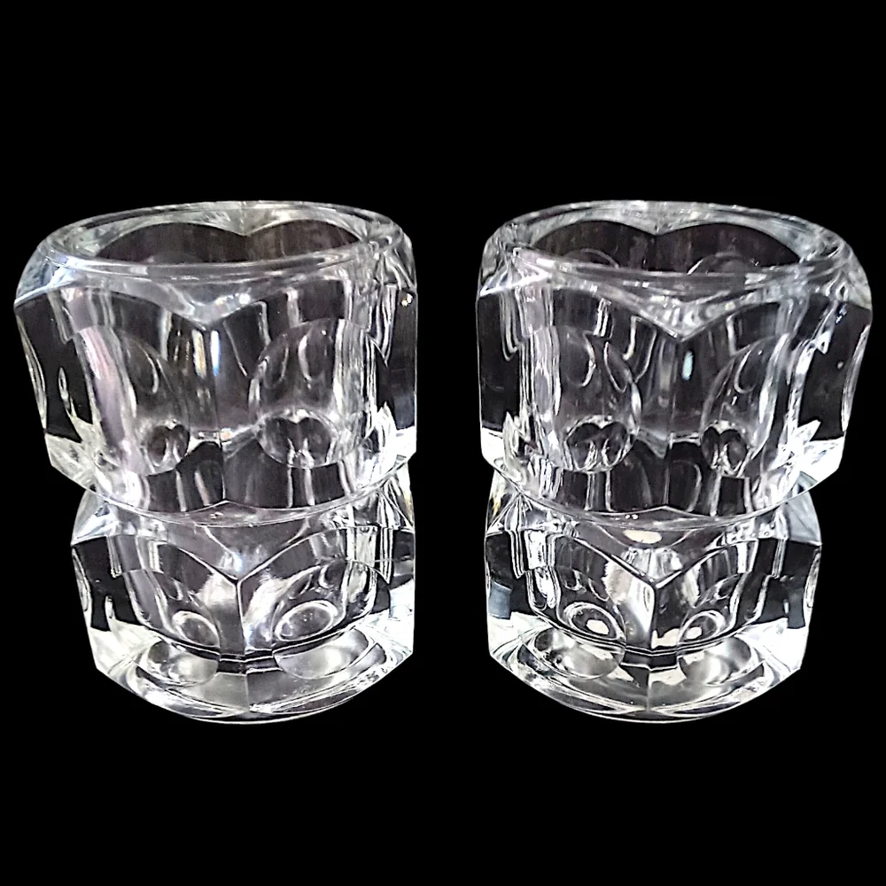 2 Vtg Modernist Crystal Candle Holders Block Cube Bohemia Glass Cubist Icy Clear